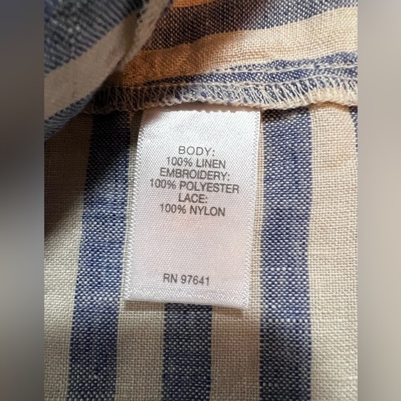 J Jill Shirt Womens Medium Petite Blue Stripes Linen Embroidery Floral Top - Picture 9 of 12